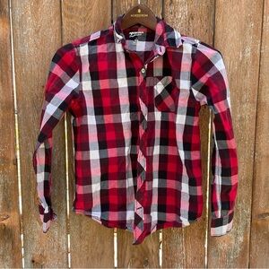 ARIZONA JEANS Boys Red Black Plaid Check Button Down Shirt Size 14-16